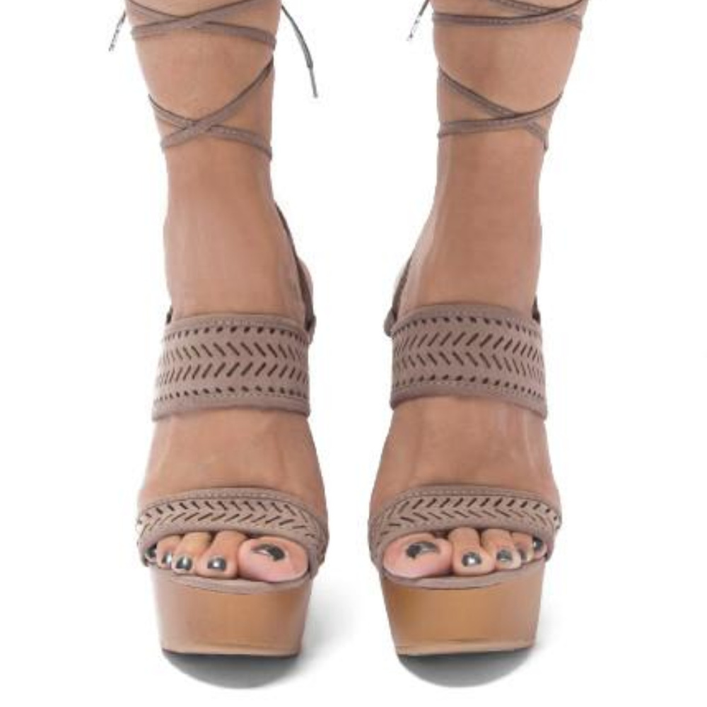 ALMOST GONE Taupe Wedge Heel Lace Up Sandals - Picture 4 of 4